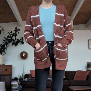 Pink Rose Brown and White Striped Sweater